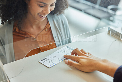 Buy stock photo Travel, ticket and airport with black woman at check in desk for. registration, vacation and boarding flight. Documents, passport and departure with passenger at counter for journey and holiday 