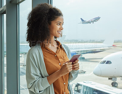 Buy stock photo Passport, airport and woman waiting to board her flight for a business work trip in the city. Travel, terminal and African female traveler watching the planes by the window before leaving for holiday
