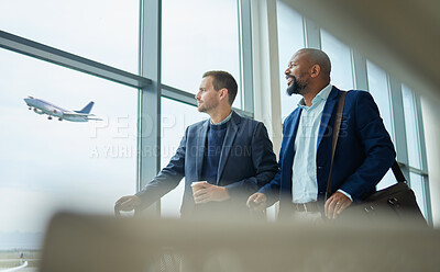 Buy stock photo Travel for business, team of men at airport for flight, conversation with conference or seminar. Diversity, partnership and looking out of window, professional trip for architecture convention