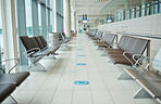 Empty lounge space in airport with chair, waiting room and global travel of covid regulations. Airplane lobby, seat and building interior design for transportation, furniture and clean backgrounds 