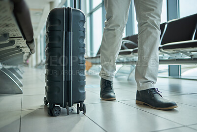 Buy stock photo Airport, suitcase and person legs for travel, international opportunity or global journey walking in lobby. Luggage, bag and entrepreneur shoes or business man feet on vacation flight or hospitality