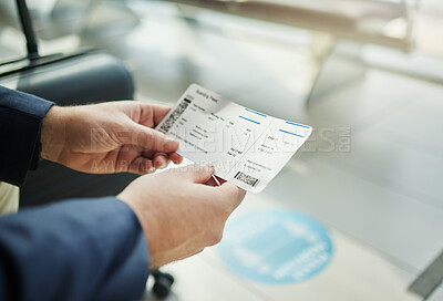 Buy stock photo Plane ticket in hands, travel and person at airport, waiting on flight for business trip, check in and boarding. Closeup, 
professional conference or convention with travelling for work and journey