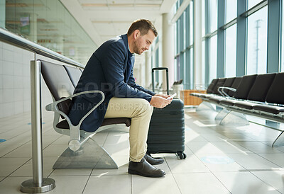 Buy stock photo Ticket, airport and business man in waiting room travel, global opportunity and transport time or schedule. UK employee, entrepreneur or corporate person in lobby with flight services for immigration
