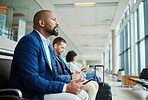 Black man, phone and airport in waiting room by window for travel, departure or business trip journey. African American male in wait or flight delay at station for traveling, immigration or airplane