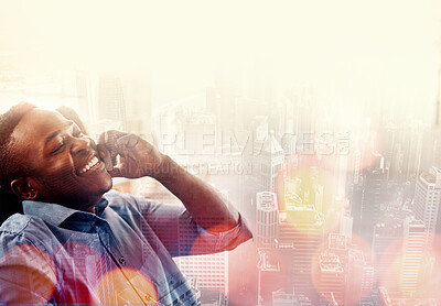 Buy stock photo Black man, phone call and double exposure with city for networking, conversation and smile. Businessman, smartphone chat and ceo with happiness, mockup and communication for negotiation by cityscape