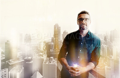Buy stock photo Businessman, portrait smile and city in double exposure with serious career ambition, goals or success. Confident male architect employee smiling for idea or architecture buildings on overlay