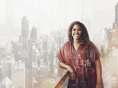 Buy stock photo Businesswoman, portrait smile and city in double exposure with vision for career ambition, goals or success. Female architect employee smiling for planning, idea or architecture buildings on overlay