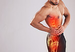 Mockup, health and man with pain, side and fitness with muscle tension, inflammation and broken bone on grey studio background. Male, guy and athlete with injury, accident and emergency on backdrop