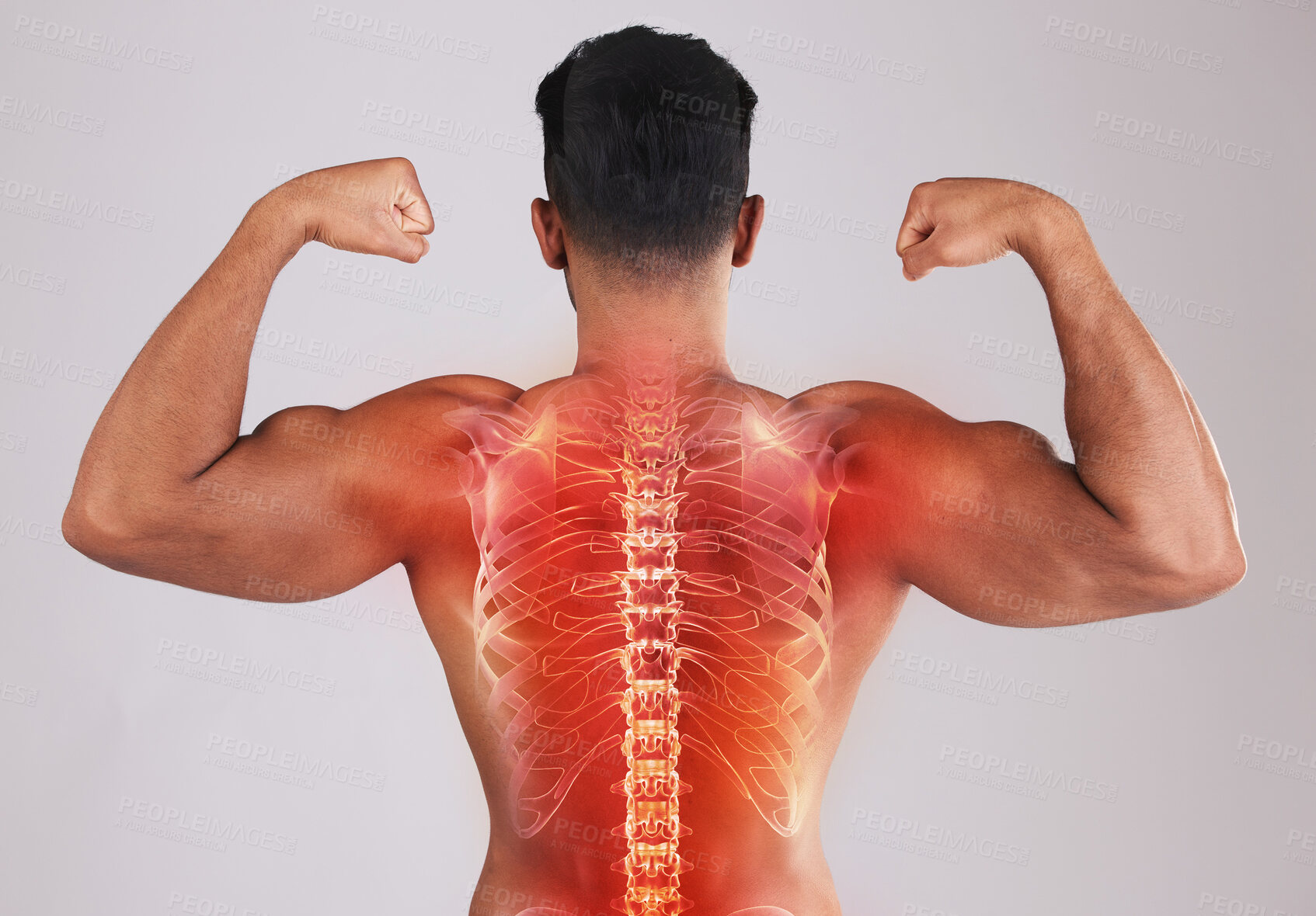 Buy stock photo Man, x ray spine and studio with pain, back or bodybuilder for muscle, bicep arms or development by background. Young model, fitness or chiropractic overlay for pain, injury or strong core for body