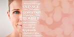 Senior woman, text overlay and beauty portrait, wellness and anti aging self care with mockup space. Elderly model, skincare collage and health with cosmetics, dermatology and studio background