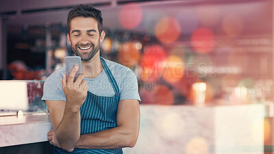 Buy stock photo Small business, coffee shop and man with phone, mockup and confident smile in restaurant, startup pub with mobile app. Success, happy manager or cafe barista with smartphone, apron and service job.