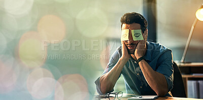 Buy stock photo Tired, sleeping and man with sticky note on eyes for burnout, depression and low energy for career or business fatigue. Sleep, mental health and employee, worker or professional person nap at desk