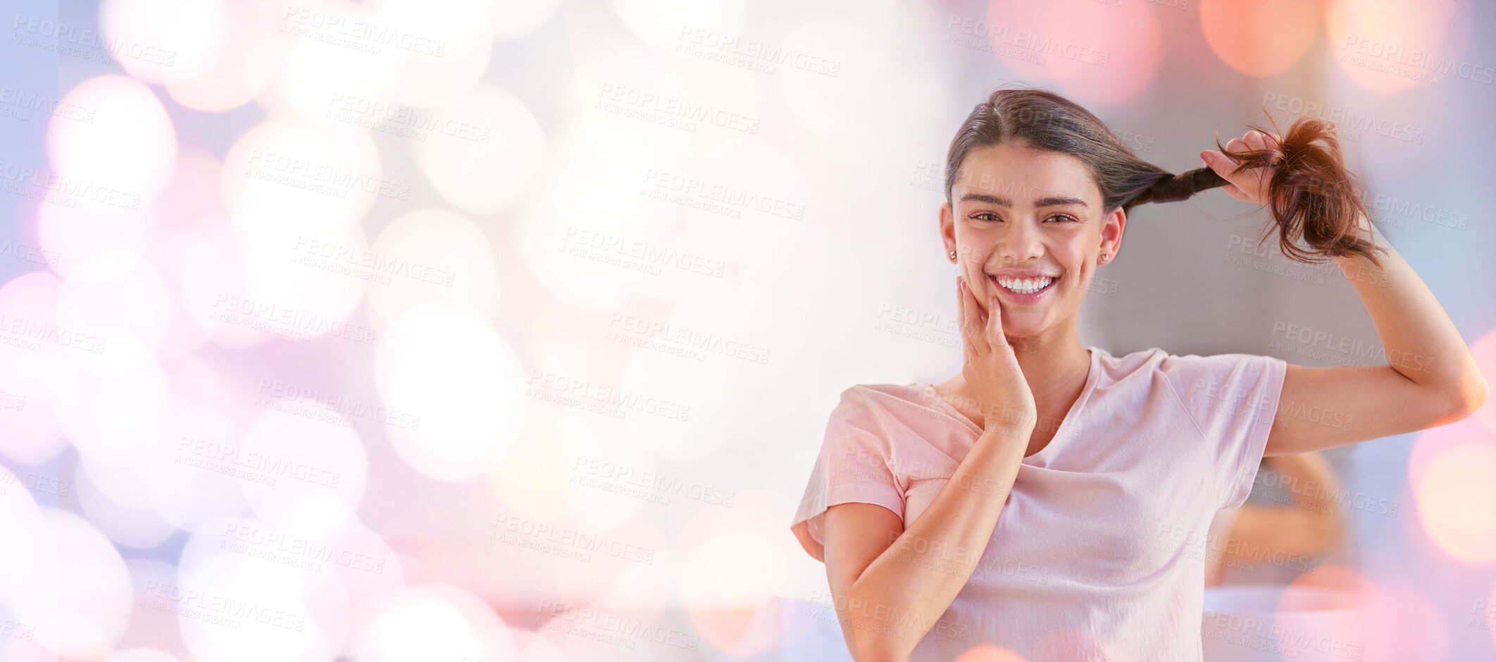 Buy stock photo Haircare, beauty and portrait of woman in studio with mockup for advertising, marketing or product placement. Cosmetic, health and female model with healthy, shiny and long hair by a bokeh background