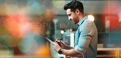 Buy stock photo Man, startup and writing with notebook, copy space and bokeh overlay for planning, thinking and ideas. Businessman, small business owner and notes for schedule, calendar and focus with mock up at job