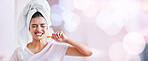 Toothbrush, woman and cleaning teeth on banner, bokeh background and mockup space of dental wellness. Happy girl brush mouth for mint breath, cosmetics and beauty of skincare, shower and mock up face