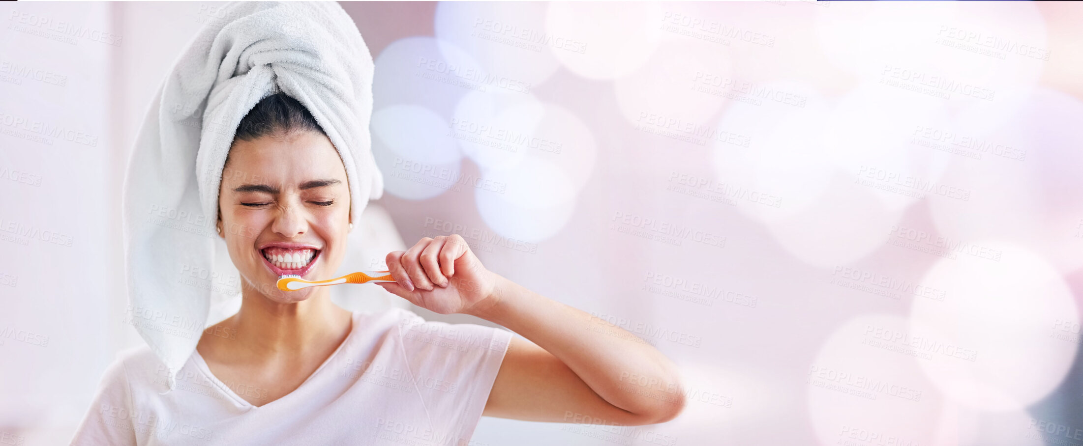 Buy stock photo Woman, brushing teeth and smile by copy space mockup, bokeh and happiness for dental wellness. Gen z girl, toothbrush and mock up for happiness, start morning and healthy mouth in bathroom