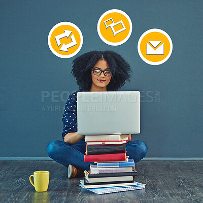 Buy stock photo Black woman, laptop and student in communication, learning or education with pile of books on mockup. African American female learner typing email, chatting or social media and sharing on computer