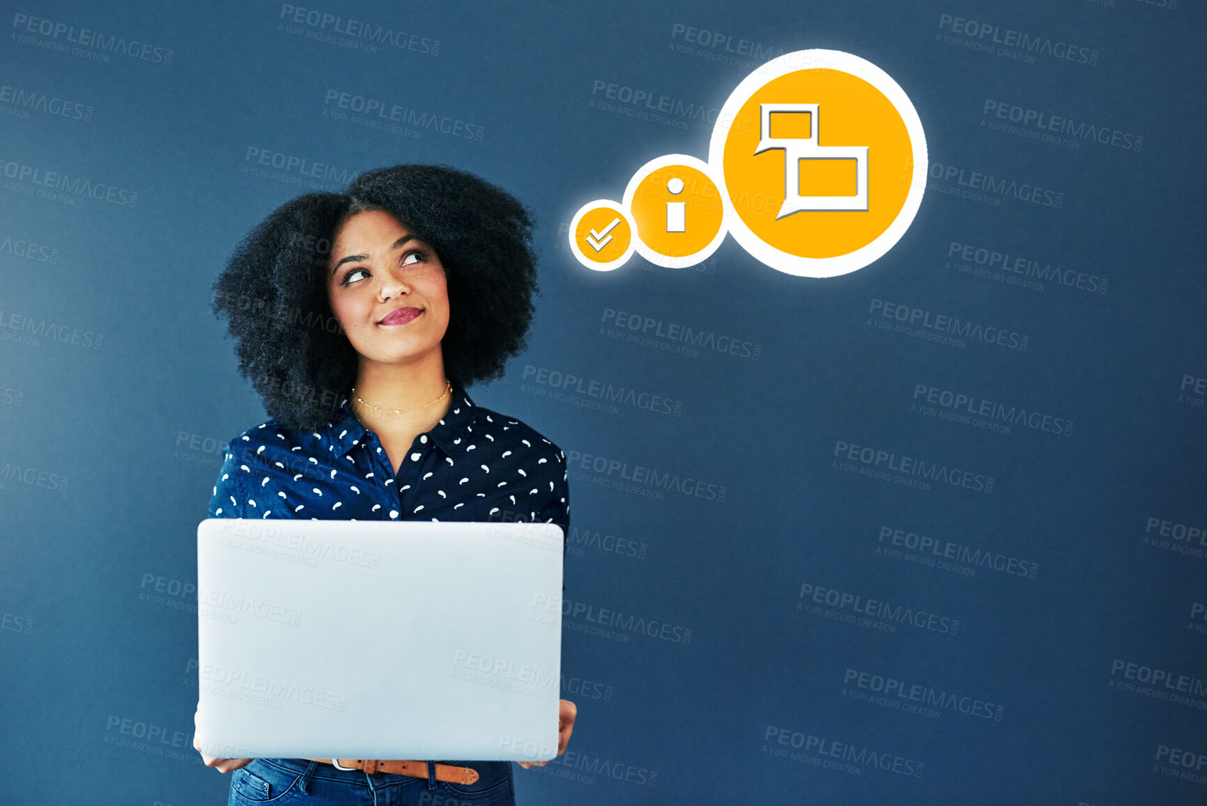 Buy stock photo Black woman, laptop and thinking for communication, social media or information share on mockup. African American female wondering icons in thought on computer for networking or market advertising