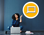 Computer, chat icon and black woman isolated on a wall background for communication ideas, thinking and planning. Study, education and student or person on laptop with social media sign or overlay