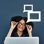 Black woman, laptop and student with glasses for information, reading or learning on mockup. Smart African American female learner smile with icons for chat, text or message share on computer