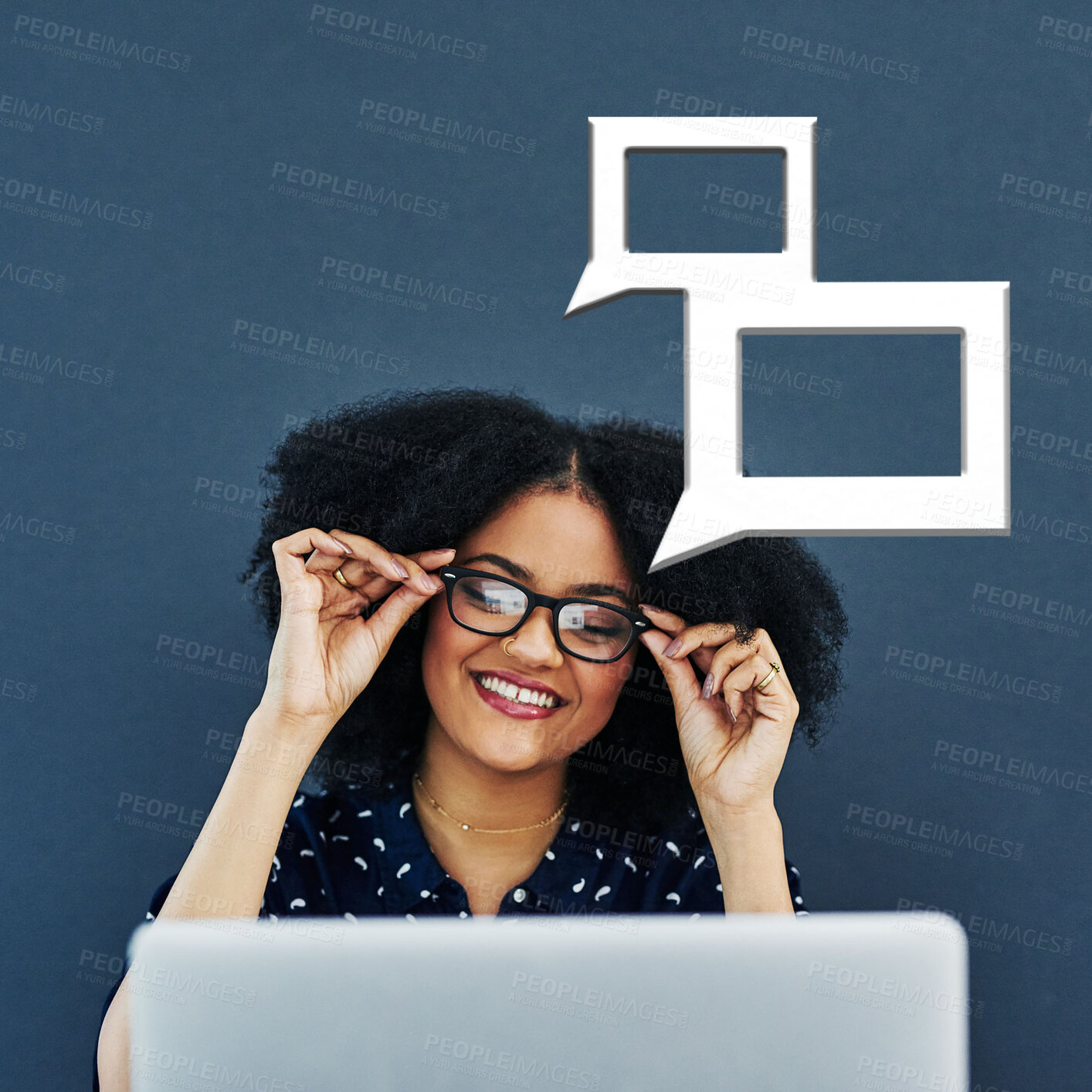 Buy stock photo Black woman, laptop and student with glasses for information, reading or learning on mockup. Smart African American female learner smile with icons for chat, text or message share on computer