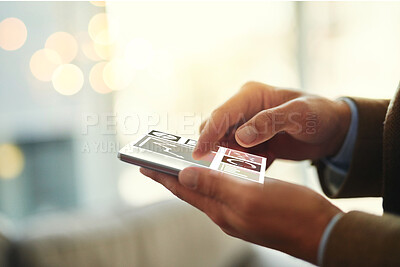 Buy stock photo Hands, hologram and app by businessman with a phone and screen typing browsing the internet, website or web. Closeup, technology and corporate employee searching online with digital connection