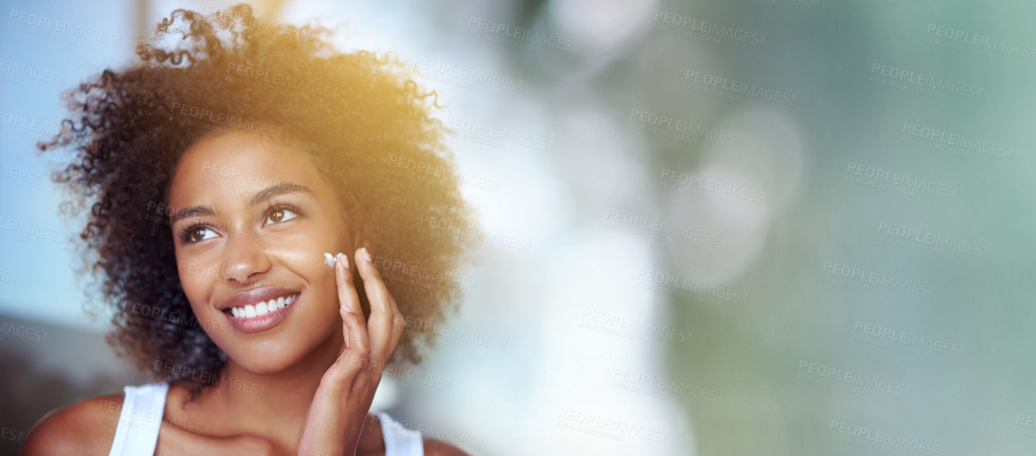 Buy stock photo Skincare, beauty cream and face of black woman with mockup for wellness, facial treatment and cosmetics. Dermatology, healthy skin and happy girl with spf creme, lotion and moisturizer in bathroom