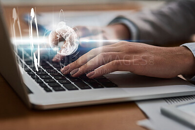 Buy stock photo Hands, laptop and 3D globe hologram for global communication or networking on office desk. Hand typing on futuristic computer tech for digital innovation, network or big data in social media on table