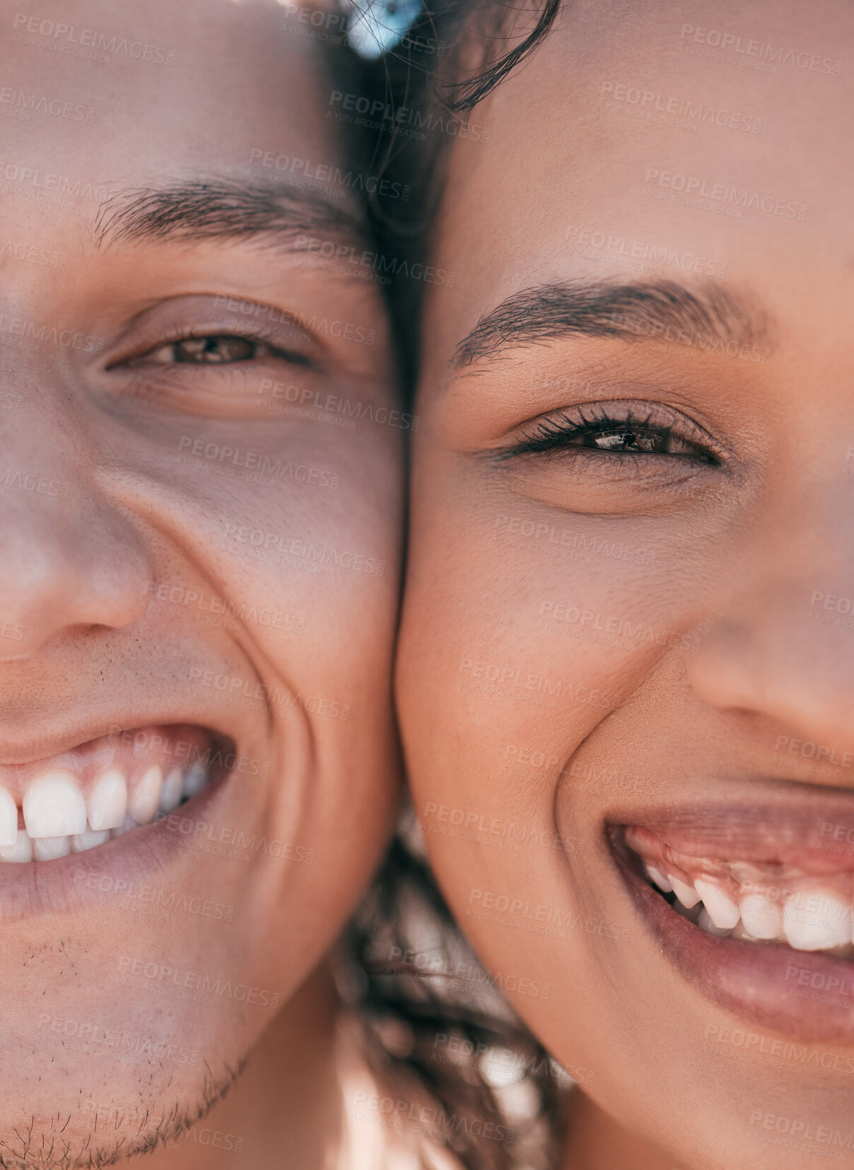 Buy stock photo Happy, portrait and closeup selfie of couple outdoors for fun, bonding and togetherness, smile and relax. Face, zoom and cheerful and man with woman for photo, profile picture or traveling memory