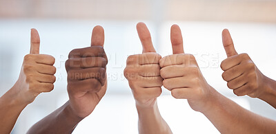 Buy stock photo Hands, thumbs up and business people with thank you, success and yes sign on blurred background. Partnership, collaboration and hand emoji sign by team showing icon, symbol and approval with fingers