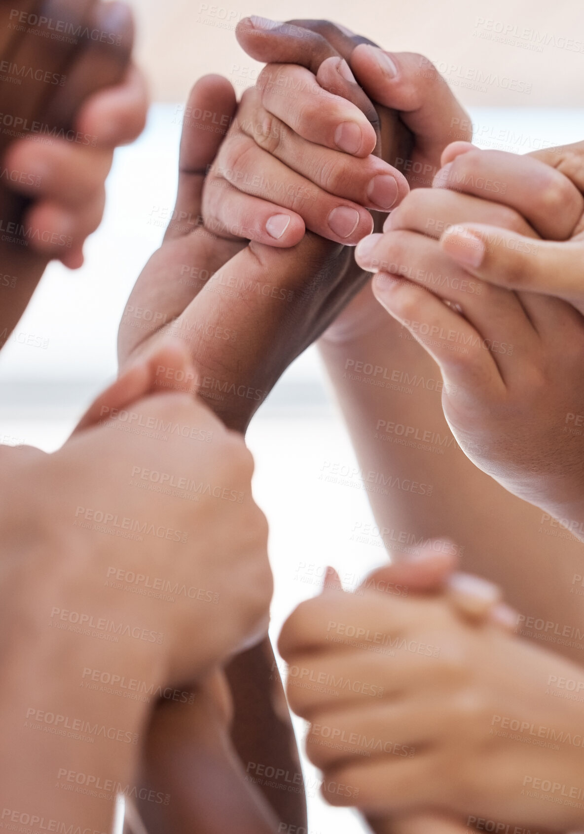 Buy stock photo Praying, hand and people worship for peace, love and trust in God against blurred background. Church, christian and community group holding hands in prayer, faith or praise, belief and unity in Jesus