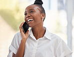 Happy, phone call and black woman in office for business, networking and good news on blurred background. Startup, conversation and entrepreneur female smile while talking, negotiation or discussion