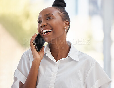 Buy stock photo Happy, phone call and black woman in office for business, networking and good news on blurred background. Startup, conversation and entrepreneur female smile while talking, negotiation or discussion