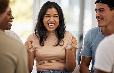 Buy stock photo Happy, friends and fist with black woman, celebration and achievement with joy, cheerful and laughing. Happiness, African American female and lady with group, students and playful together and smile