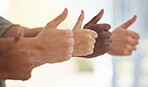 Thumbs up, hands and business people with thank you, success and yes sign on blurred background. Partnership, collaboration and hand emoji sign by team showing icon, symbol and approval with fingers