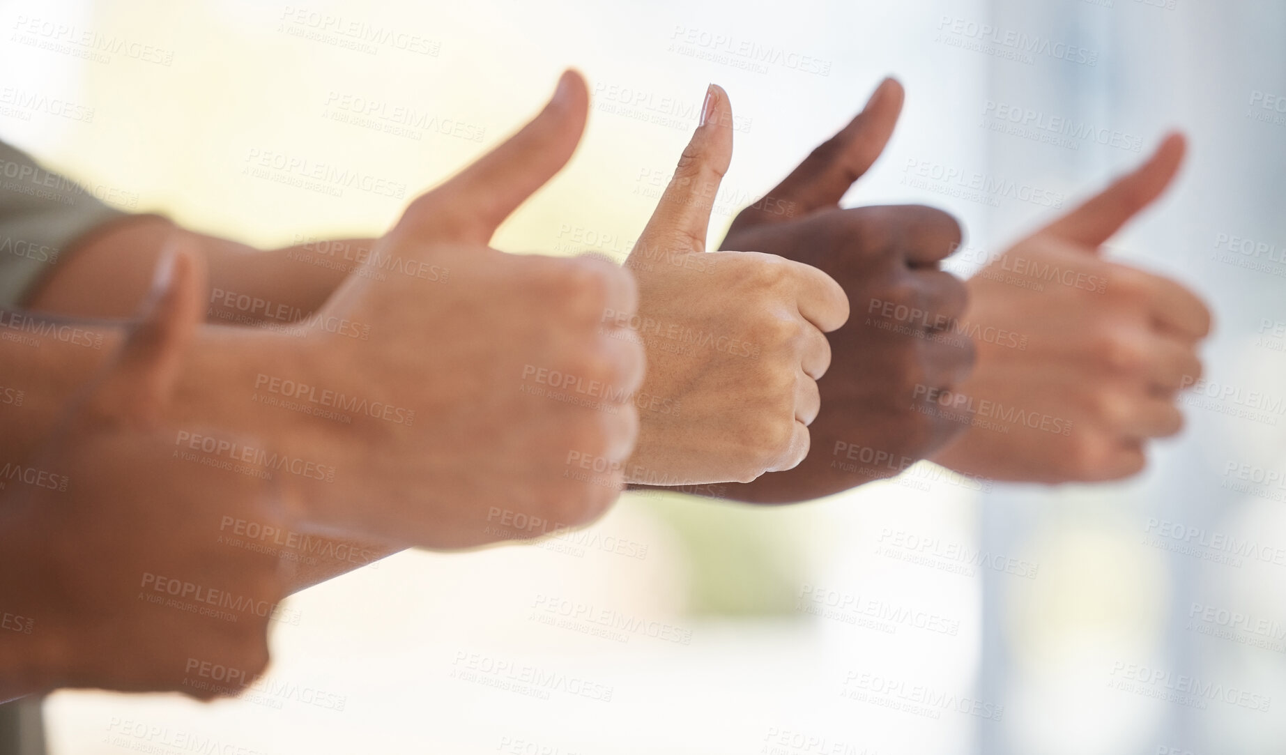 Buy stock photo Thumbs up, hands and business people with thank you, success and yes sign on blurred background. Partnership, collaboration and hand emoji sign by team showing icon, symbol and approval with fingers