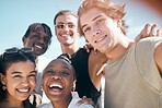 Portrait, friends and selfie of people laughing at comic joke outdoors, having fun or enjoying holiday. Travel face, freedom or group diversity of happy men and women taking pictures for social media