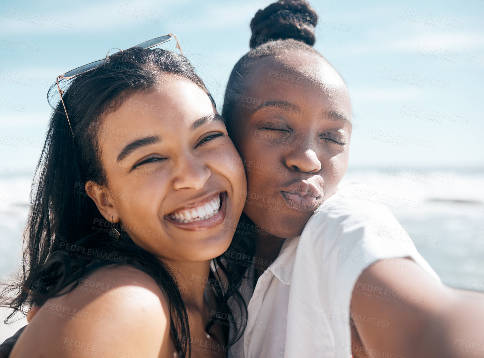 Buy stock photo Friends, portrait and selfie of women at beach outdoors, having fun or enjoying holiday time. Travel face, freedom and smile of girls taking pictures for social media, profile picture or happy memory