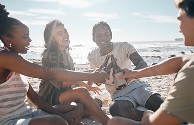 Buy stock photo Couple of friends, toast or beer on beach, ocean or sand in summer travel fun or social gathering holiday. Smile, happy or bonding people and alcohol drinks cheers in diversity birthday celebration