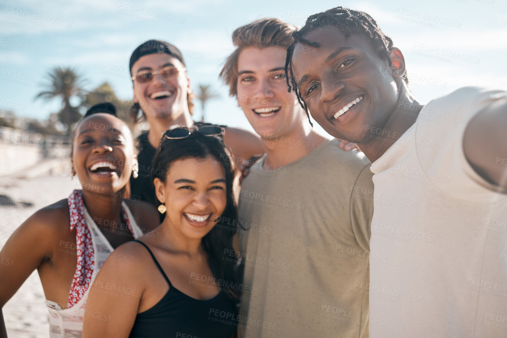 Buy stock photo Friends group, selfie and diversity at beach with bonding, love or care with black man, women and happy. Young student vacation, spring break or profile picture on social media app in summer sunshine