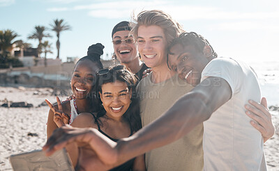 Buy stock photo Friends group, selfie and diversity at ocean for bonding, love or care with black man, women and happy. Young student vacation, spring break or profile picture on social network ui in summer sunshine