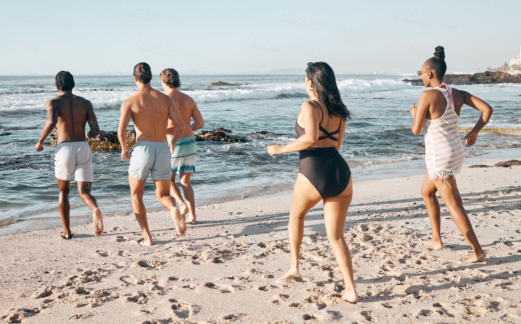 Buy stock photo Bonding friends, swimwear or running to sea, ocean or beach water on summer holiday, fun vacation or  relax travel break. Men, women or diversity people in swimsuit for diversity freedom or swimming 