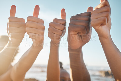 Buy stock photo People, hands and diversity with thumbs up at beach for good job, agreement or success together. Hand of group showing thumb emoji, yes sign or like for teamwork, winning or trust in solidarity