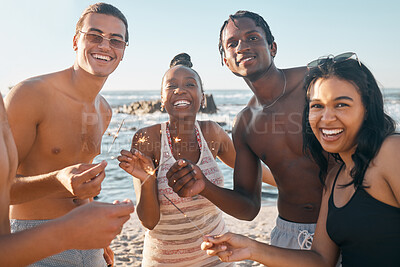 Buy stock photo People, portrait and sparkler in beach celebration, party event or birthday social gathering. Fireworks, sparkle and fun for happy, smile or diversity or friends in new year bonding or holiday travel