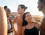 People, laughing or bonding on sunset beach in social gathering joke, group vacation comedy or comic summer holiday. Smile, happy women or diversity friends in travel swimsuit with funny storytelling