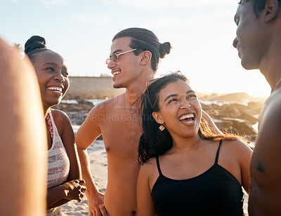 Buy stock photo People, laughing or bonding on sunset beach in social gathering joke, group vacation comedy or comic summer holiday. Smile, happy women or diversity friends in travel party and funny sea storytelling