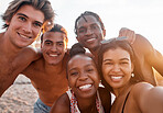 People, portrait and selfie of friends at beach outdoors bonding, smile and enjoying holiday sunset. Travel face, freedom or group of men and women taking pictures for social media or happy memory.