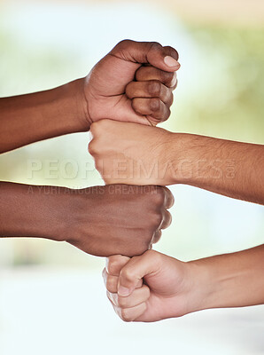 Buy stock photo Closeup, hands and fist for collaboration, stack and community with partnership for goal, support and solidarity. Zoom, hand and people with team building, success and motivation for growth or target