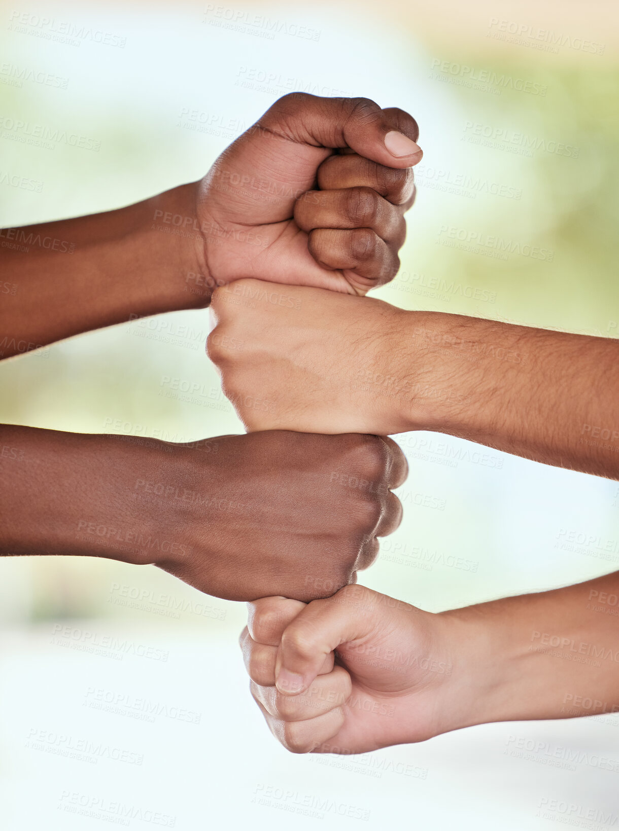 Buy stock photo Closeup, hands and fist for collaboration, stack and community with partnership for goal, support and solidarity. Zoom, hand and people with team building, success and motivation for growth or target