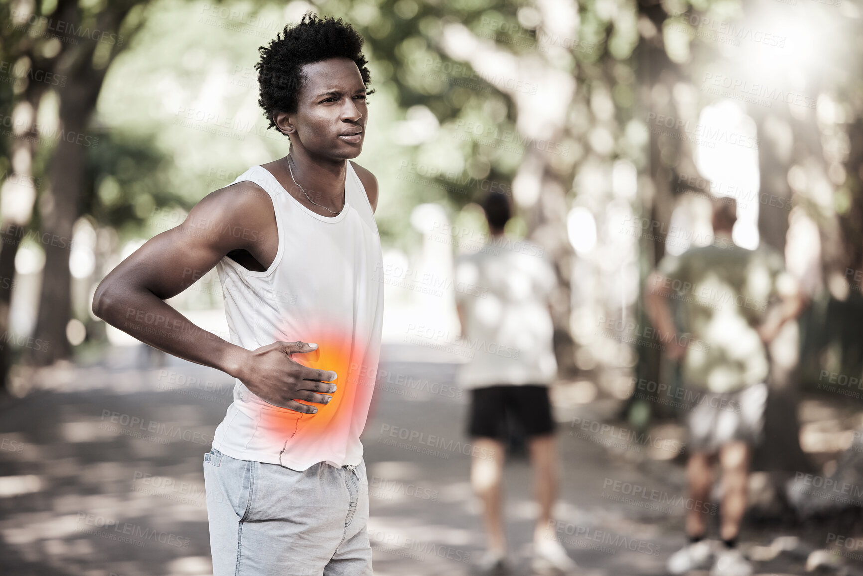 Buy stock photo Health, fitness and black man with stomach pain at park after exercise, training or workout. Sports, thinking and male athlete with appendicitis injury, inflammation or painful abdominal muscles.